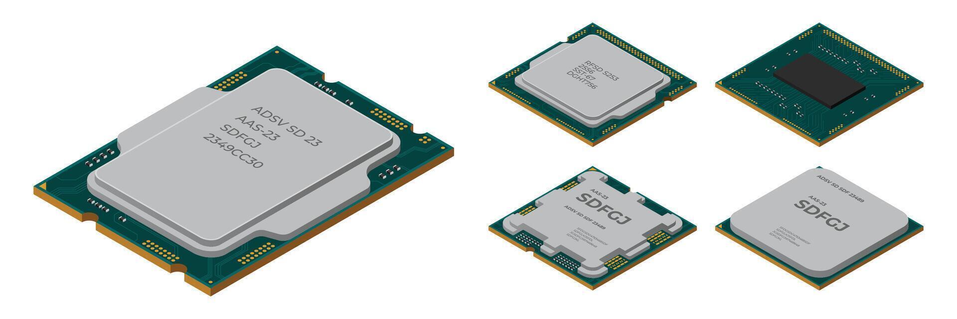 Set of isometric processor. Central processing unit or CPU. Computer hardware components. Semiconductor technology concept. illustration vector