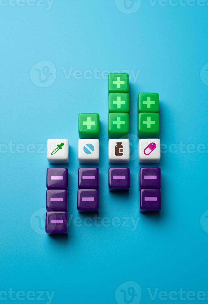 Medicinal qualities and side effects of drugs in various forms. Tablets, syrups, injections and capsules. Various forms of medication offer treatment solutions. photo