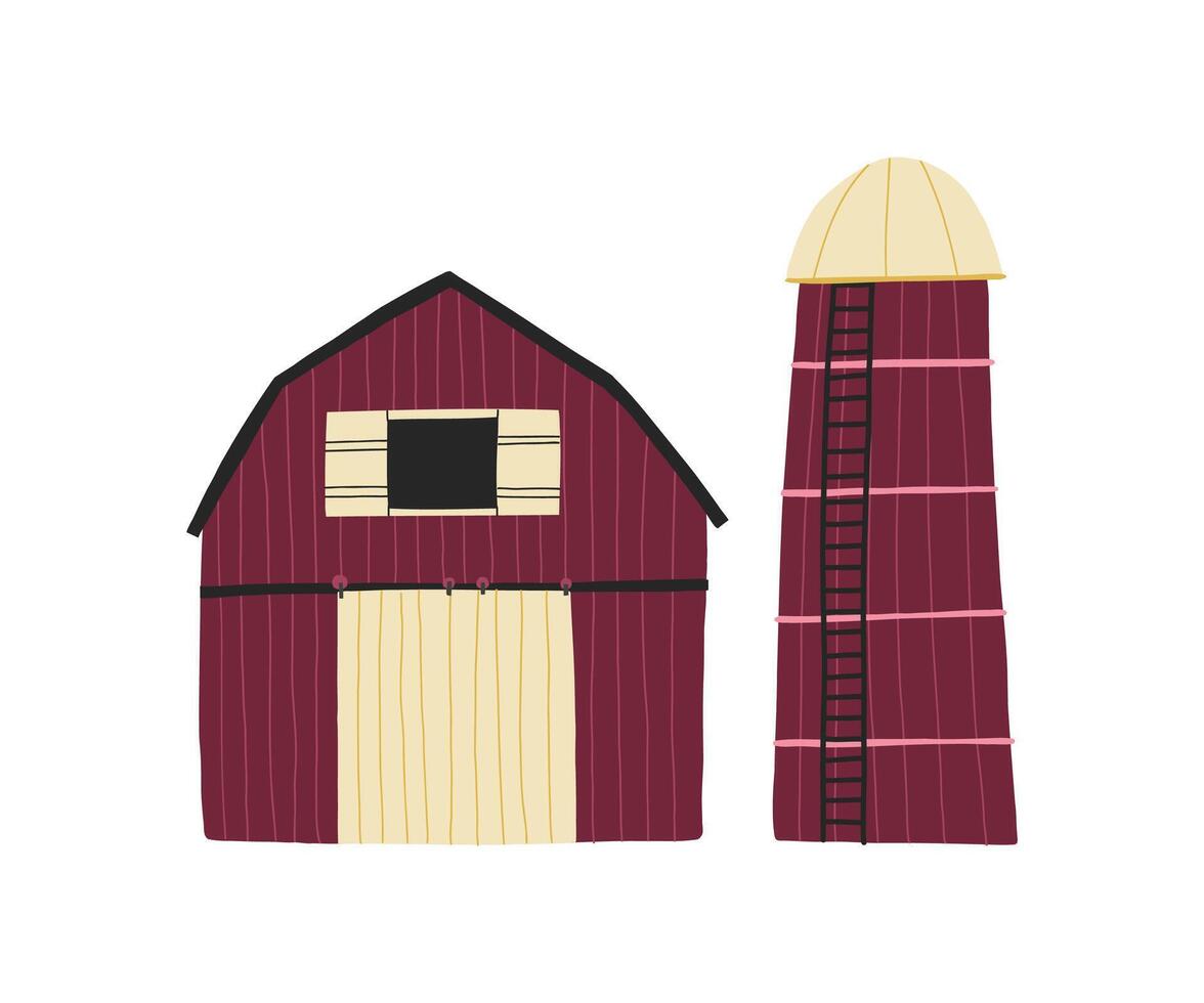illustration of a traditional red barn with a silo. Perfect for agricultural, farming, and rural-themed designs vector