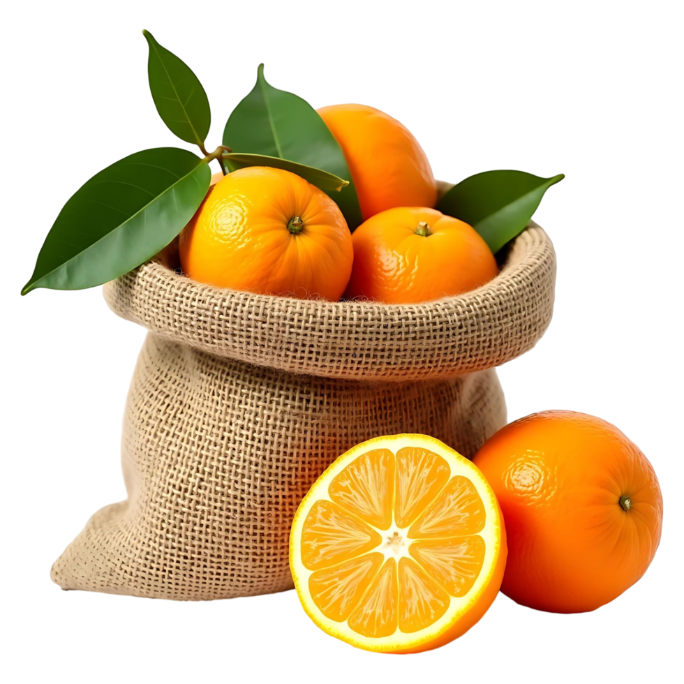 Whole and Sliced Oranges in a Rustic Bag Fresh Fruit Photography png