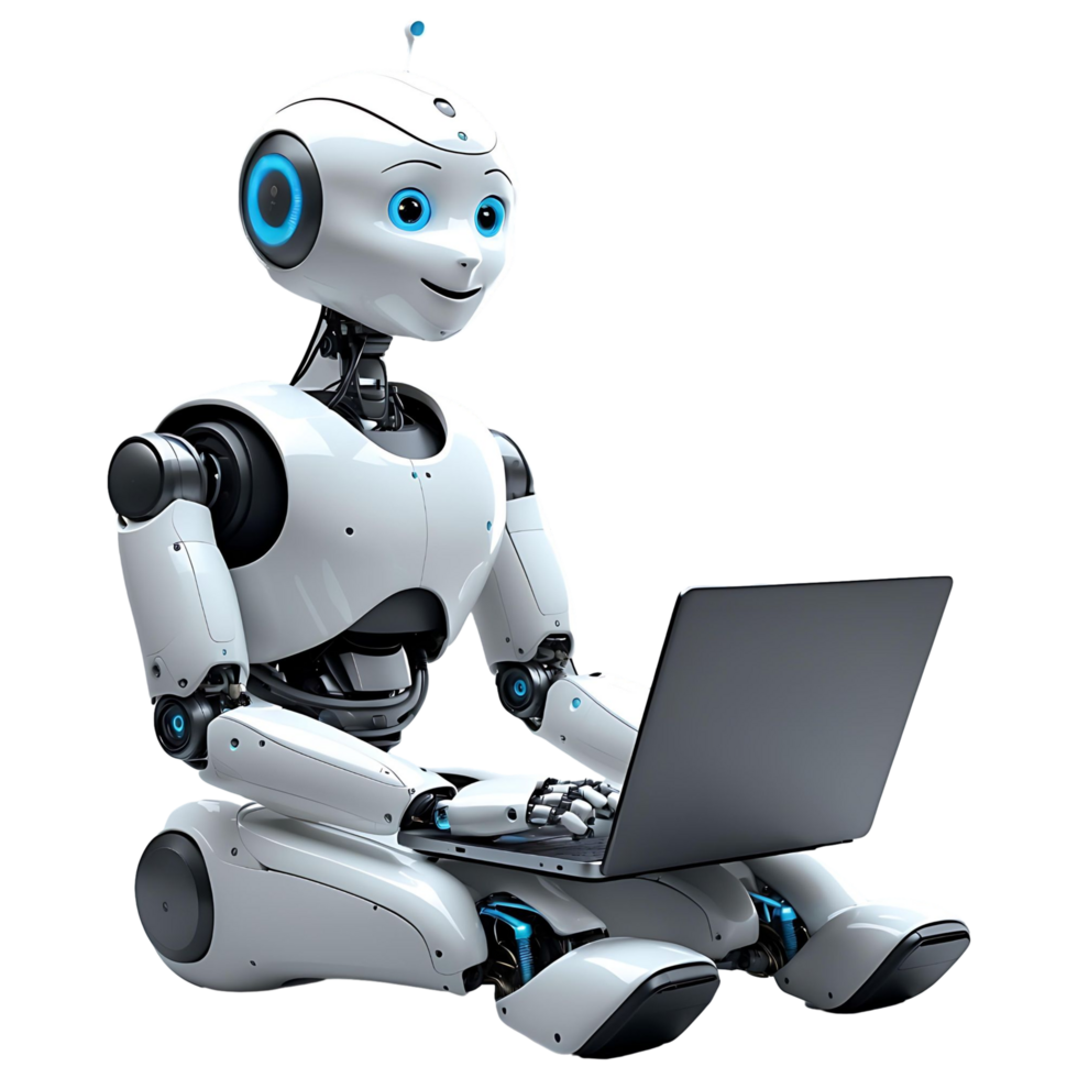 Futuristic AI Robot Using Laptop Artificial Intelligence Concept png