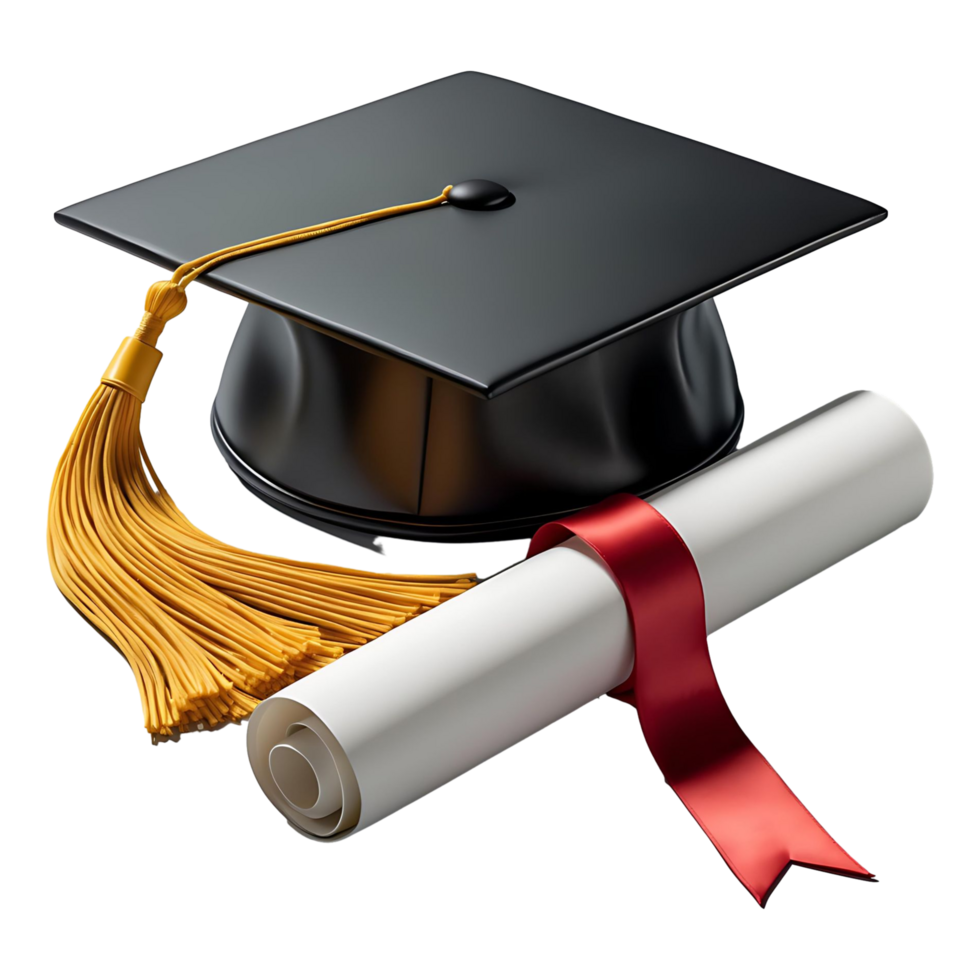 Black Mortarboard Hat with Gold Tassel and Degree Certificate png