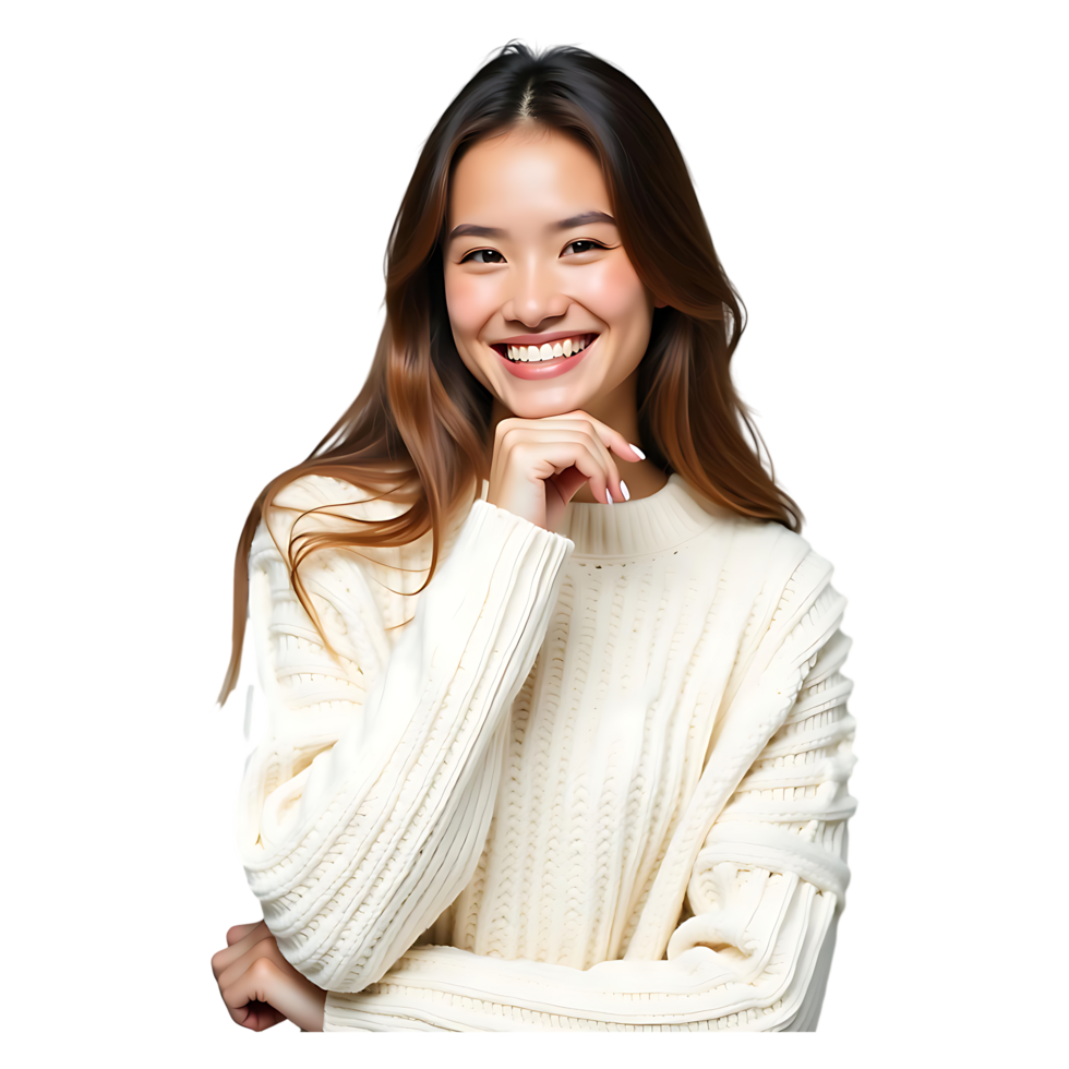 asian woman smiling with her hand on chin png