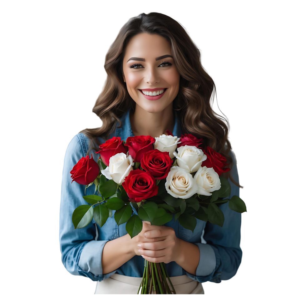 Smiling Woman with Beautiful Rose Bouquet Perfect for Flower Shops Marketing png