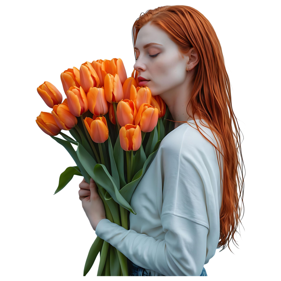 Sensual Woman with Red Tulip Bouquet Dreamy Floral Aesthetic png