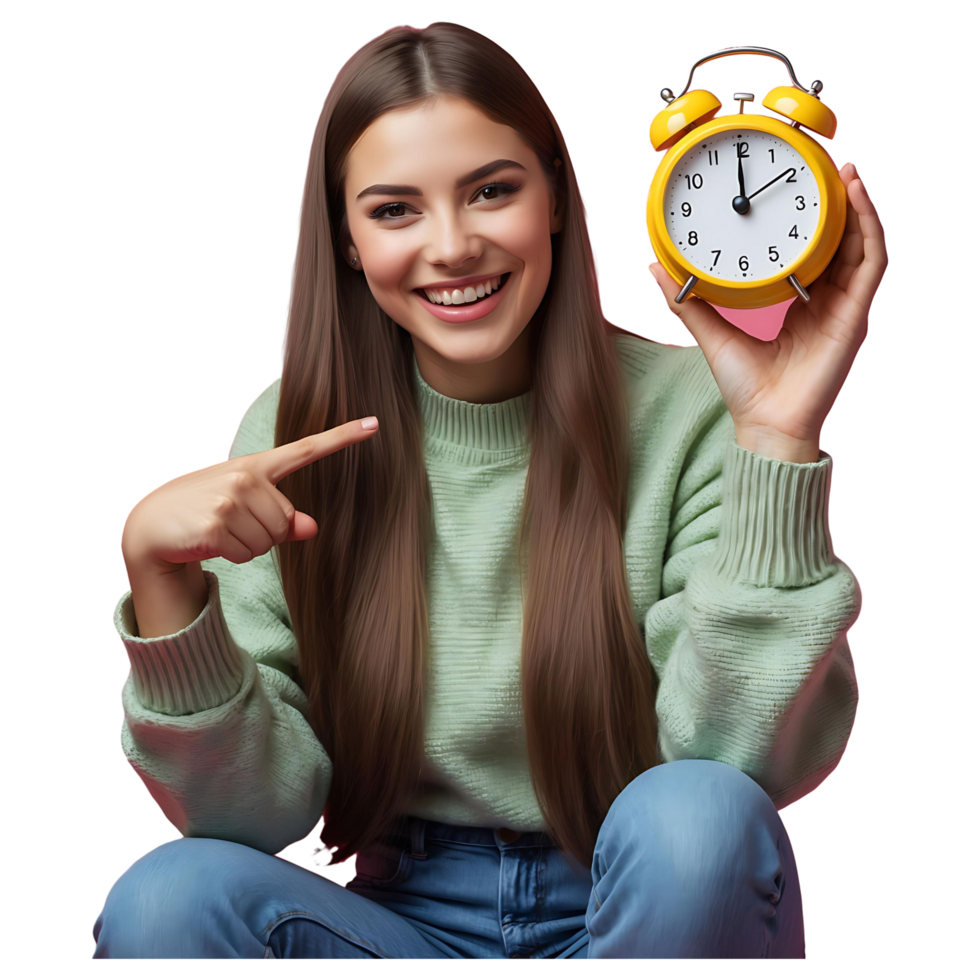 Promoting Time Awareness Young Woman Pointing at Alarm Clock png