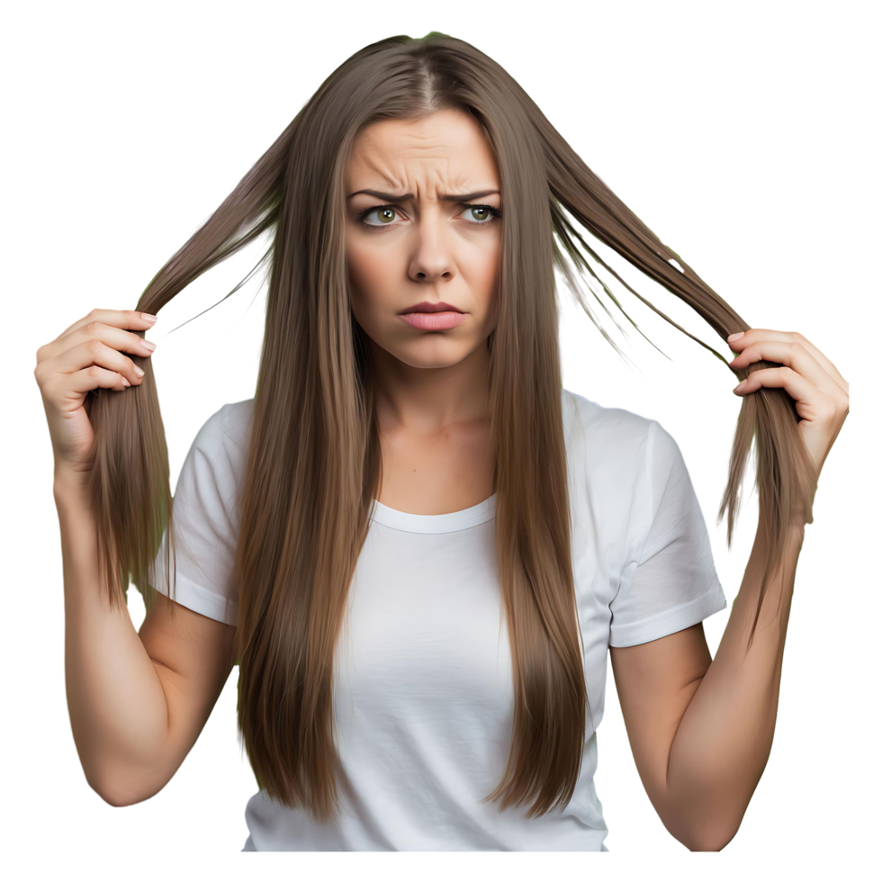 Woman Struggling with Bad Hair Day - Beauty and Haircare Issues png
