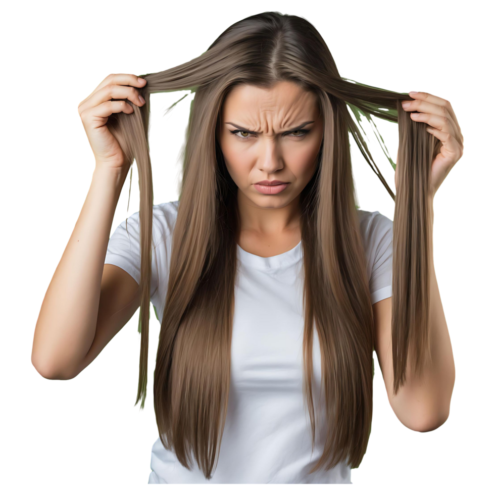 Unhappy Woman with Split Ends - Hair Problems and Solutions png