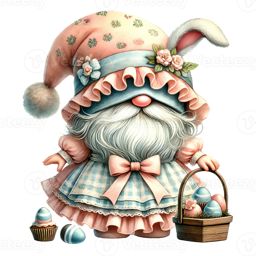 Easter day gnome with rabbit and eggs isolated. png