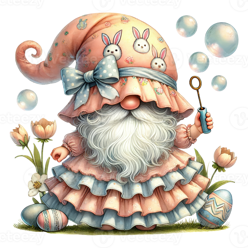 Easter gnome with eggs and rabbit isolated in nature png