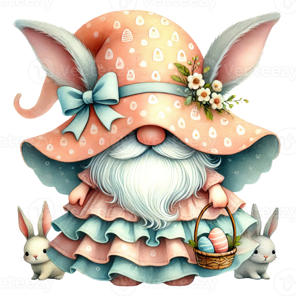 Easter day gnome with eggs and rabbits isolated png