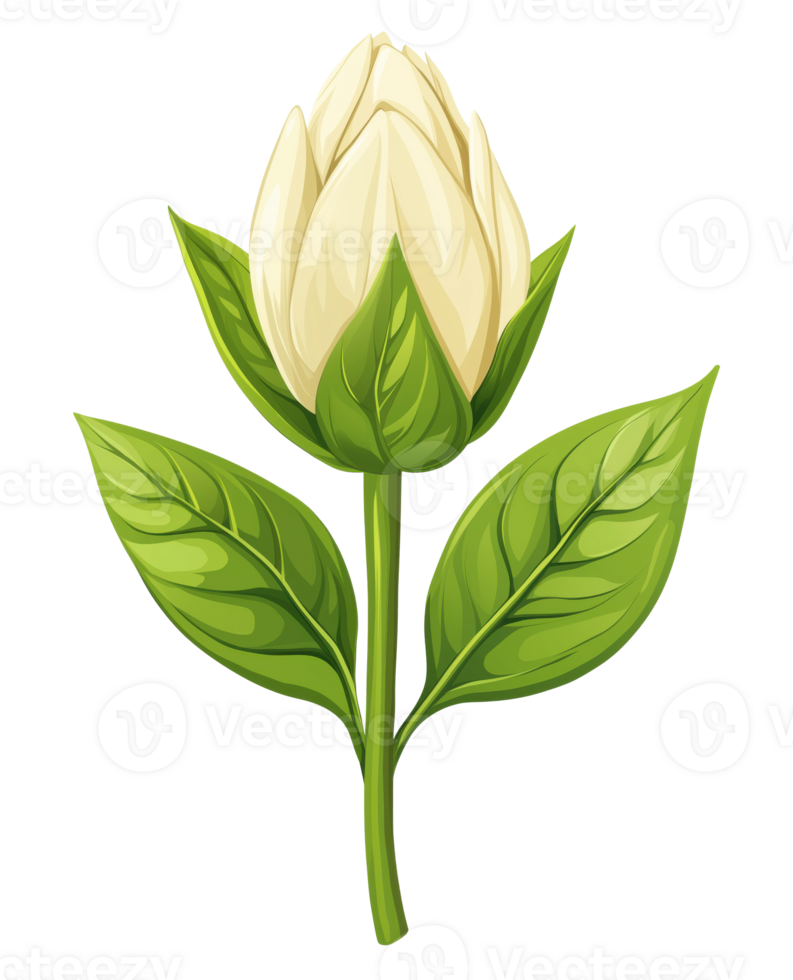 White spring flower with green leaves, illustration isolated on transparent background png