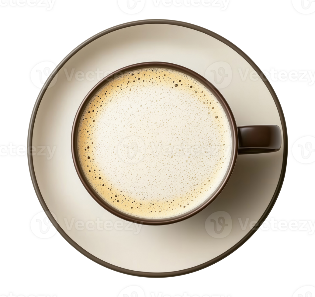 Coffee cup with a white saucer, top view, isolated on a transparent background png