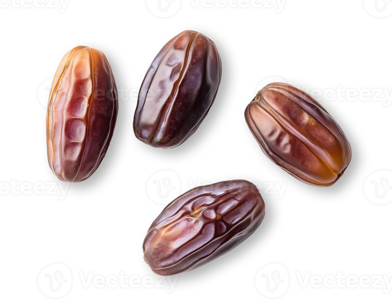 Four date fruits, top view, isolated on a transparent background png