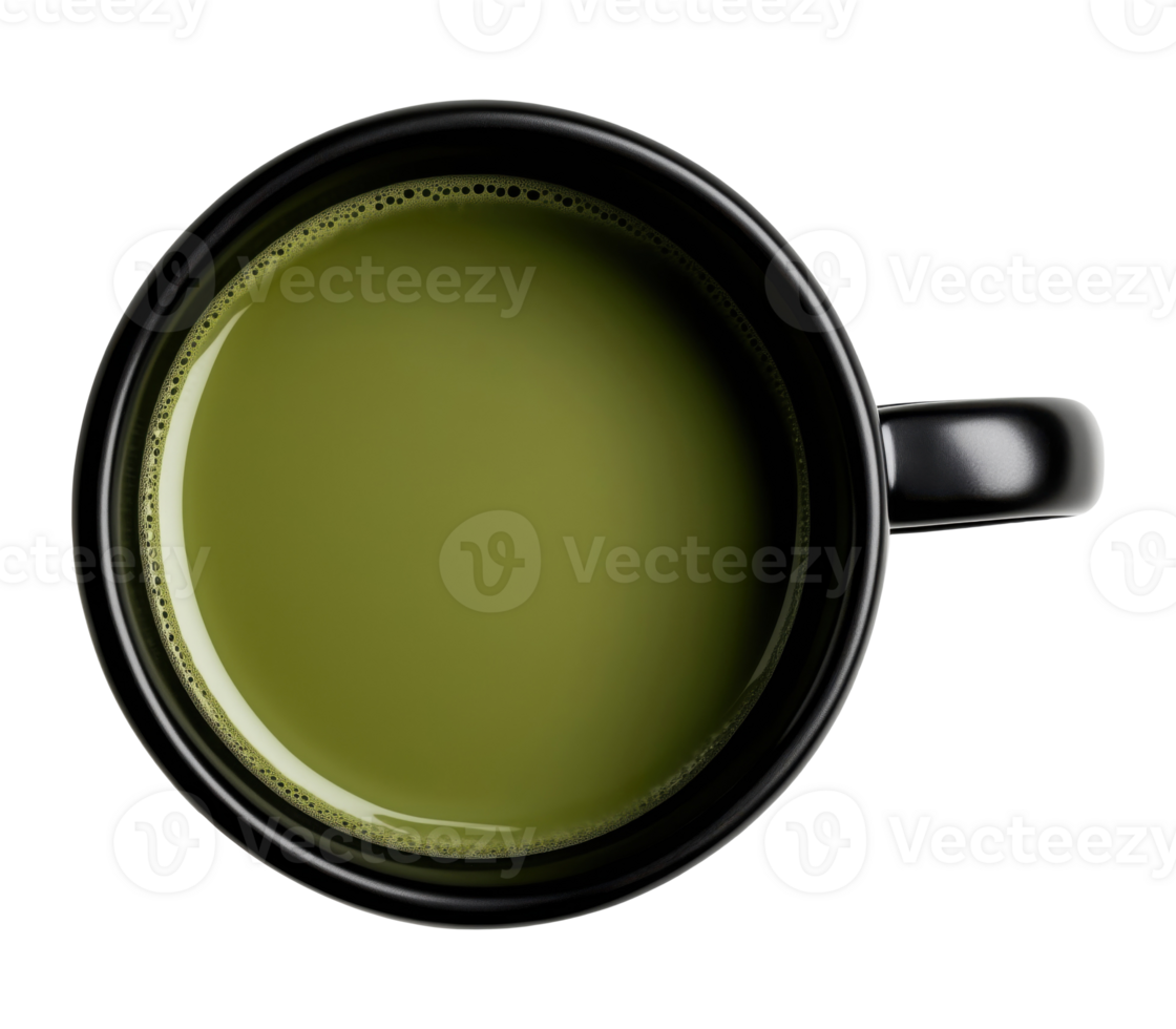 Top view of black cup with matcha green tea isolated on transparent background png