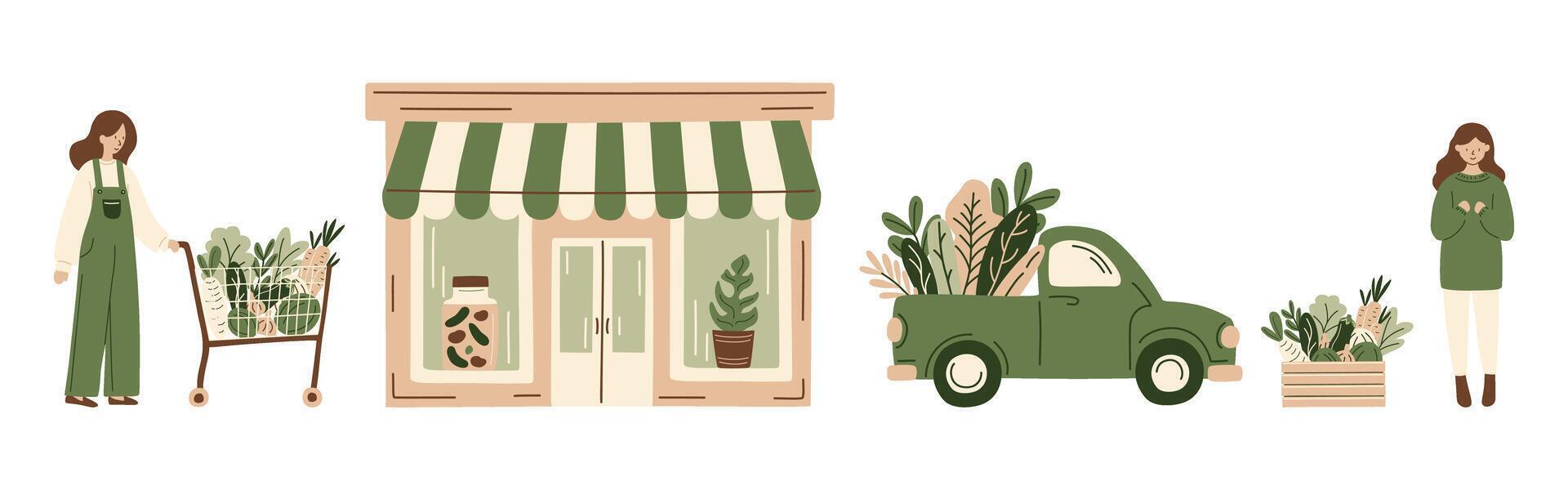 Organic food market, girl with shopping cart, eco grocery store, farm fresh vegetables, sustainable local produce, zero waste, green delivery truck, healthy lifestyle, Hand-drawn illustration. vector