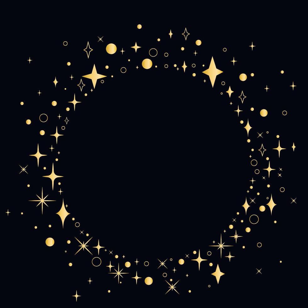 Elegant template with round empty frame of golden stars, sparkles and stardust vector