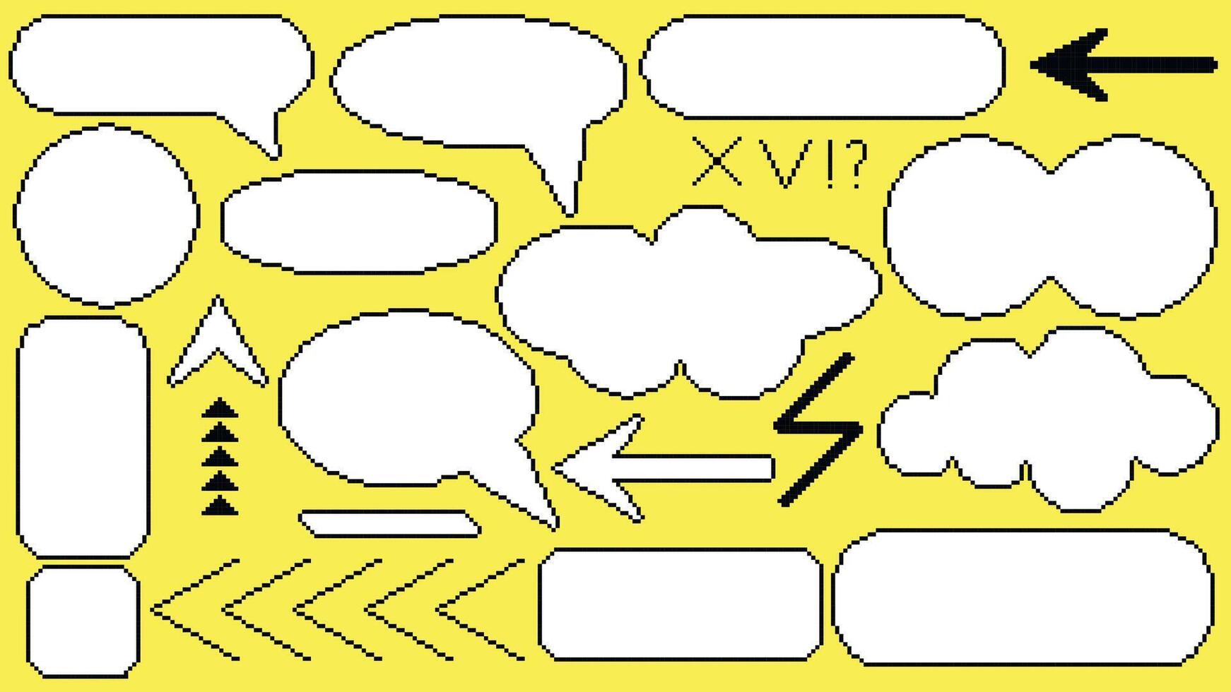 Set of pixel art elements including text bubbles, frames, arrows, pointers vector