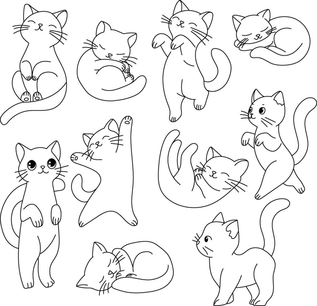 Set of doodle cats in different position. Stickers for bullet journal. vector