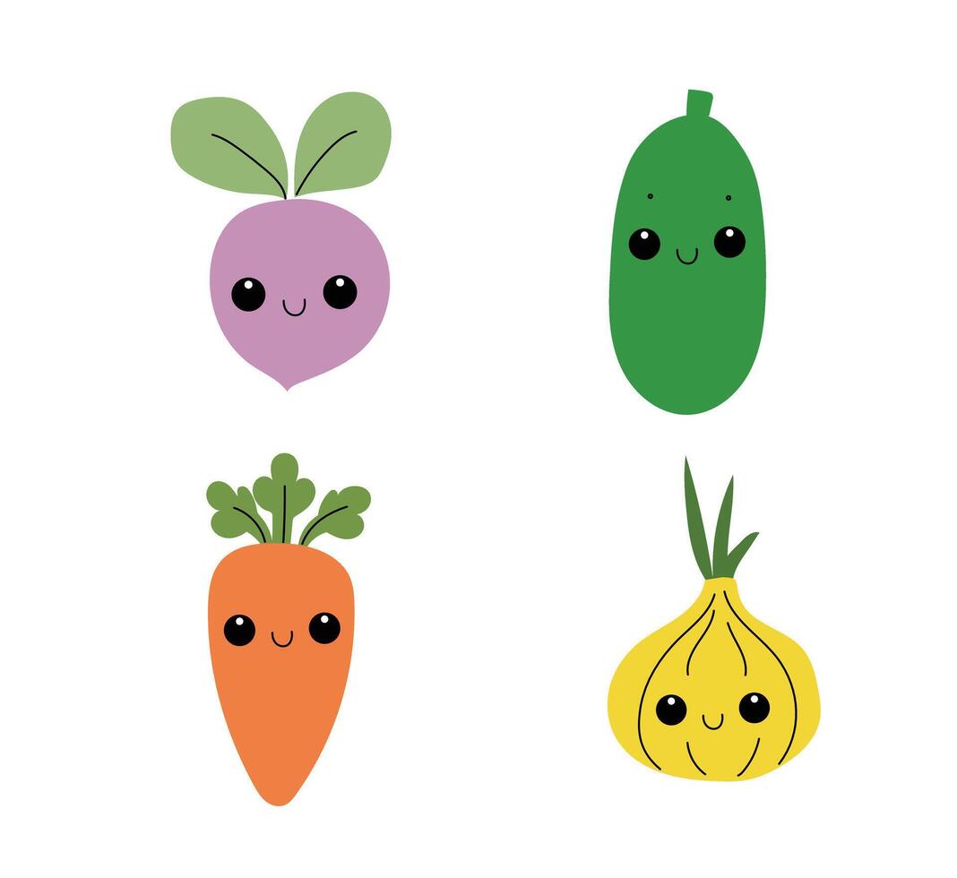 Set of cartoon vegetables with cute faces vector