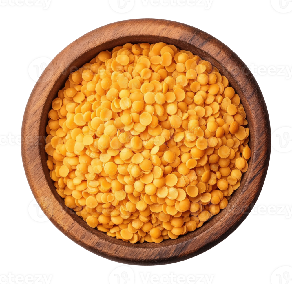 Top view of a bowl with red lentils isolated on a transparent background png
