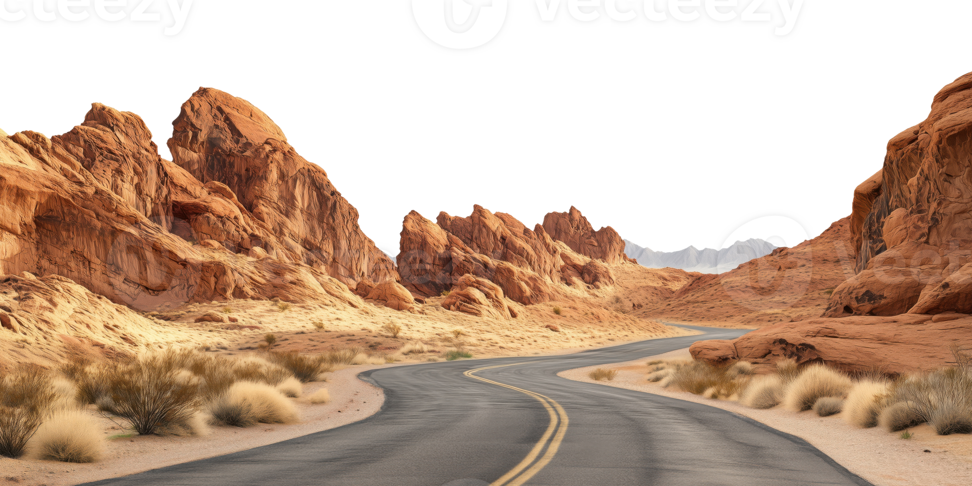 Curved asphalt road in the desert, isolated on a transparent background png