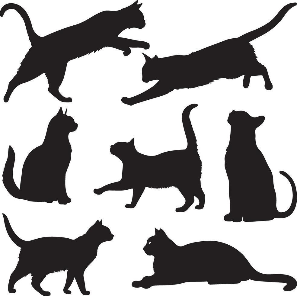 Set of black cats. Collection of silhouette of cats in different poses. vector