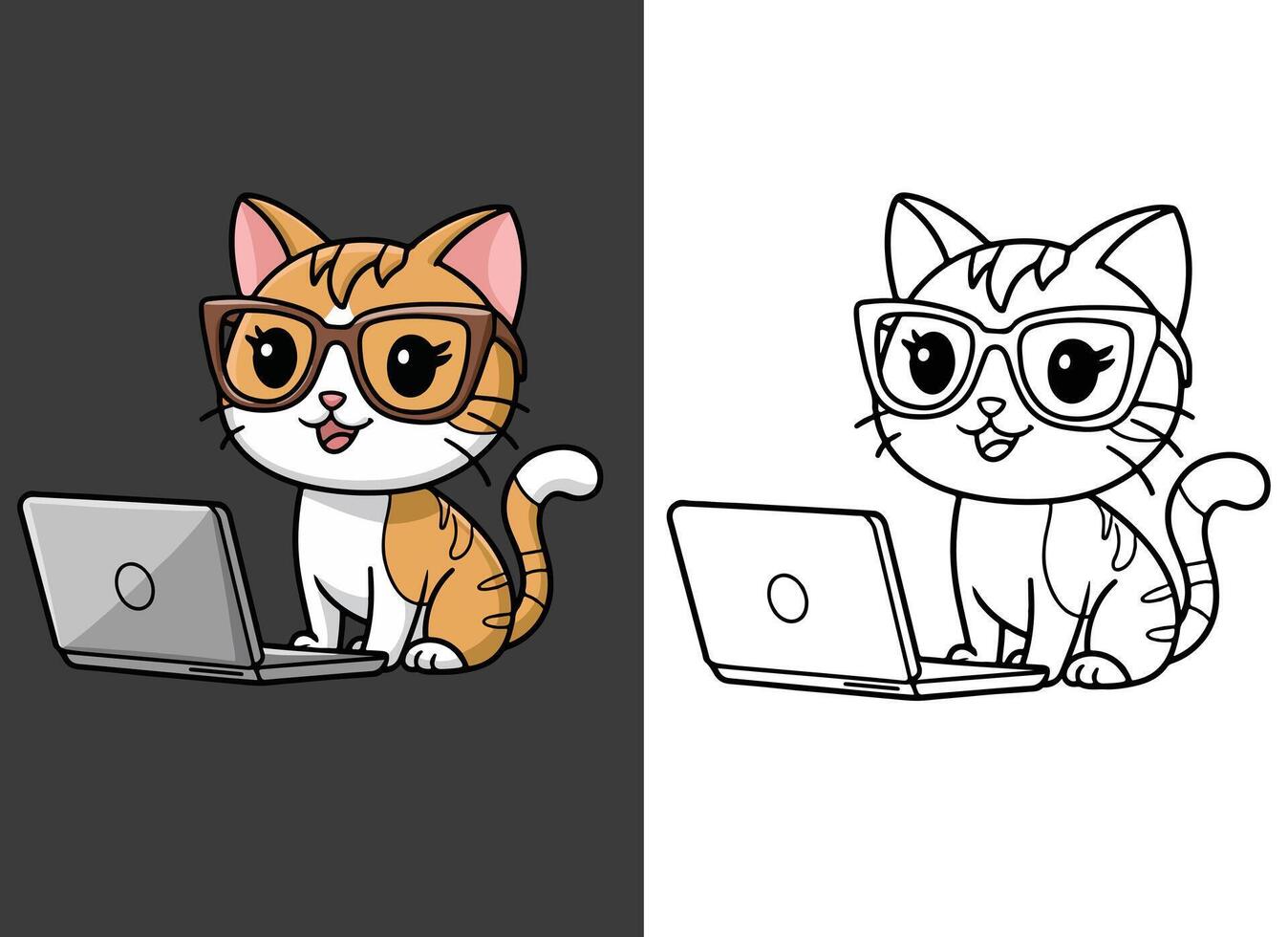 Cute Smart Cat with Glasses Working on Laptop Digital And Coloring Page Version. vector