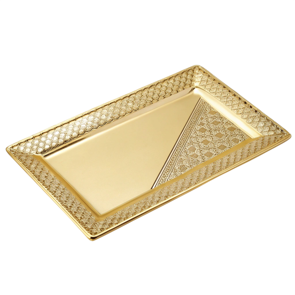 Elegant Metallic Gold Salad Plate Rectangular Shape Glossy Finish Top Vie creative concept idea design png