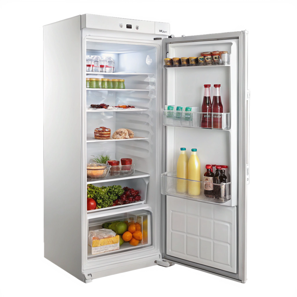 Open refrigerator with foods on transparent background png
