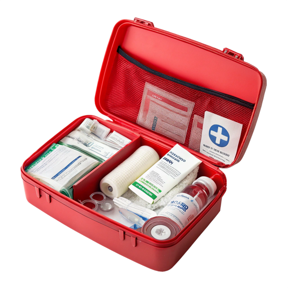 Open red first aid kit box png