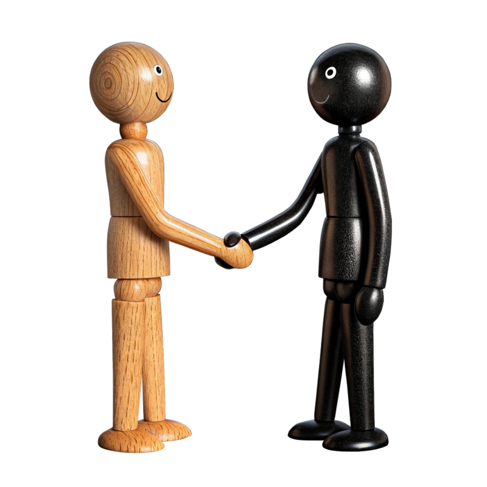 Wooden and black figures shaking hands on transparent background png