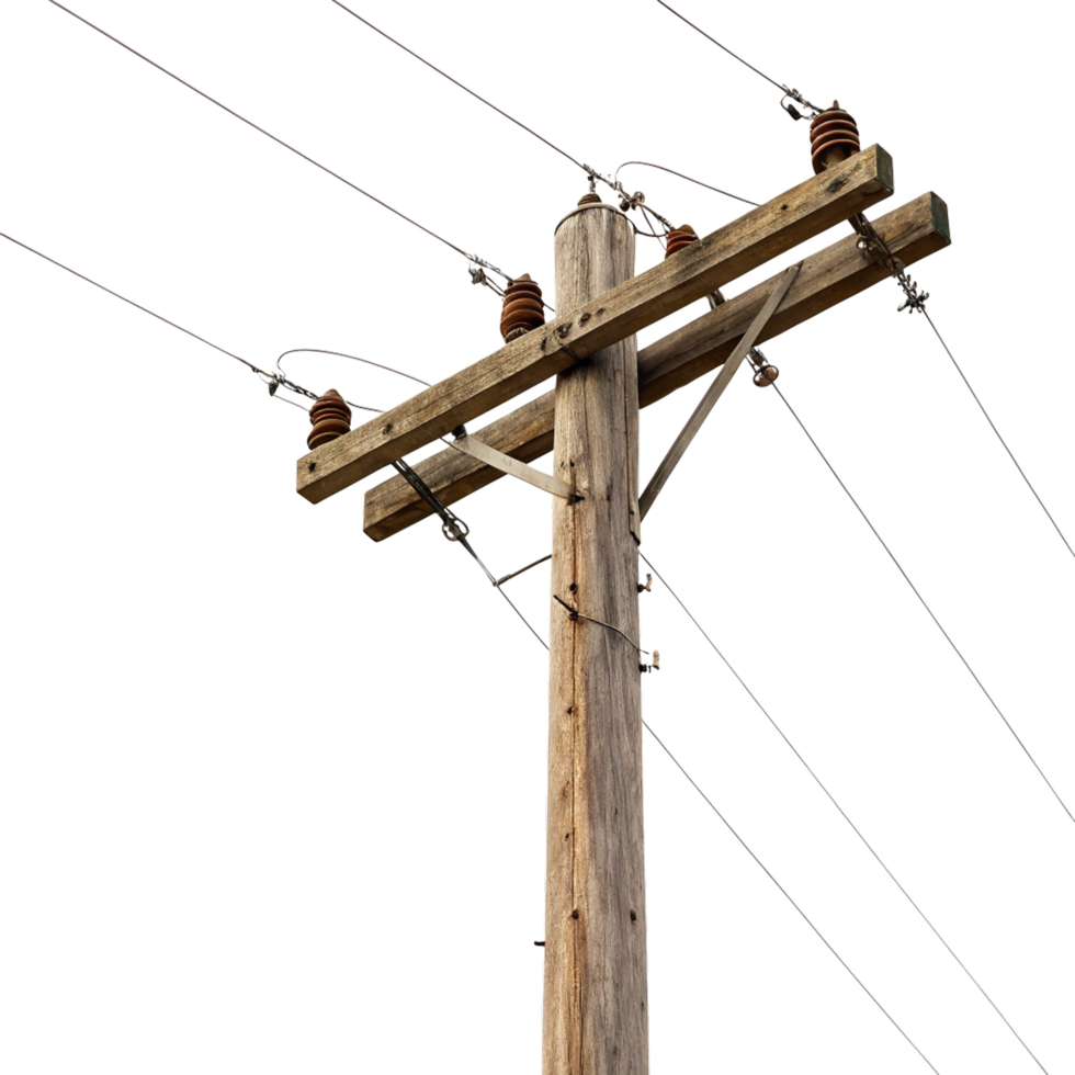 Wooden power pole with wires on transparent background png
