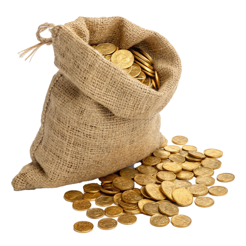 A burlap sack overflowing with golden coin on transparent background png