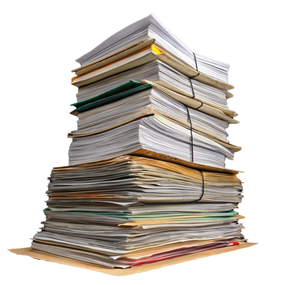A massive stack of paper document on transparent background png