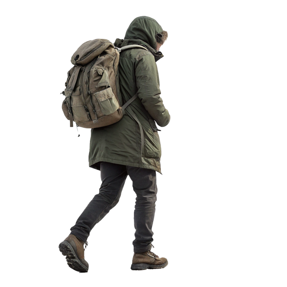 A loney traveler walking alone with backpack on transparent background png