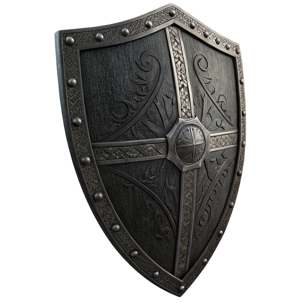 Ancient black medieval shield isolated on transparent background png
