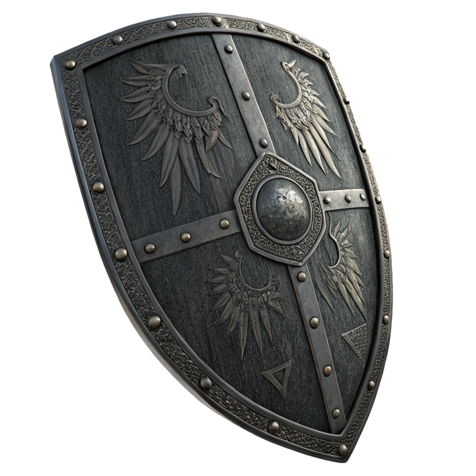 Ancient black medieval shield on transparent background png