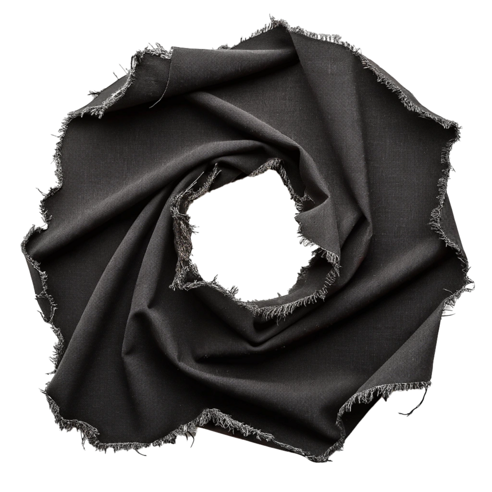 Realistic black fabric ripped hole texture on transparent background png