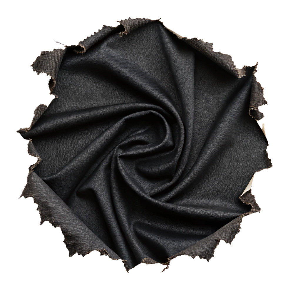 Realistic black fabric ripped hole texture on transparent background isolated png