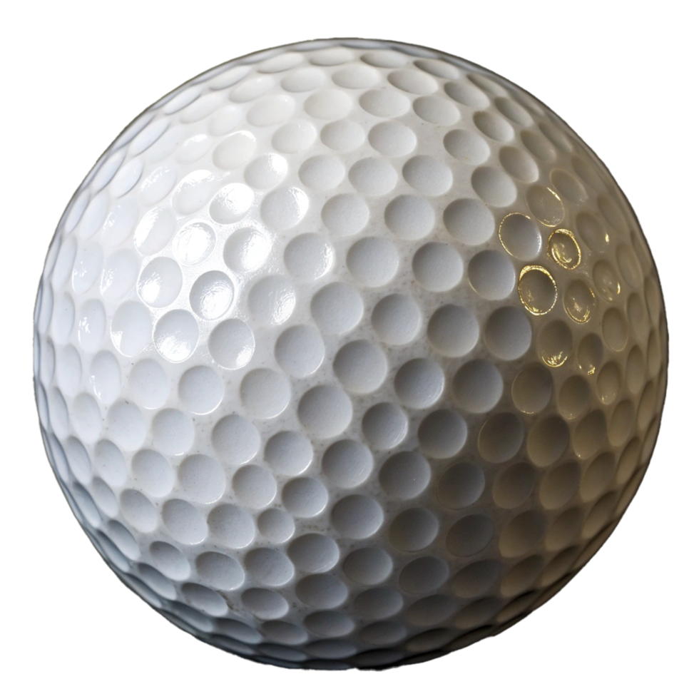 Closeup of a pristine white golf ball showcasing its dimpled surface texture and spherical shape against a transparent background png