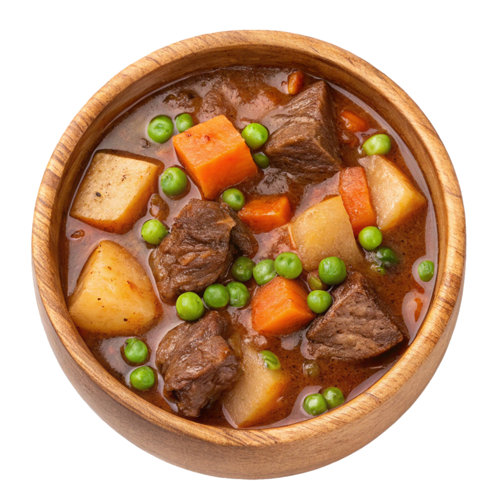 High angle view of beef stew in bowl on transparent background png