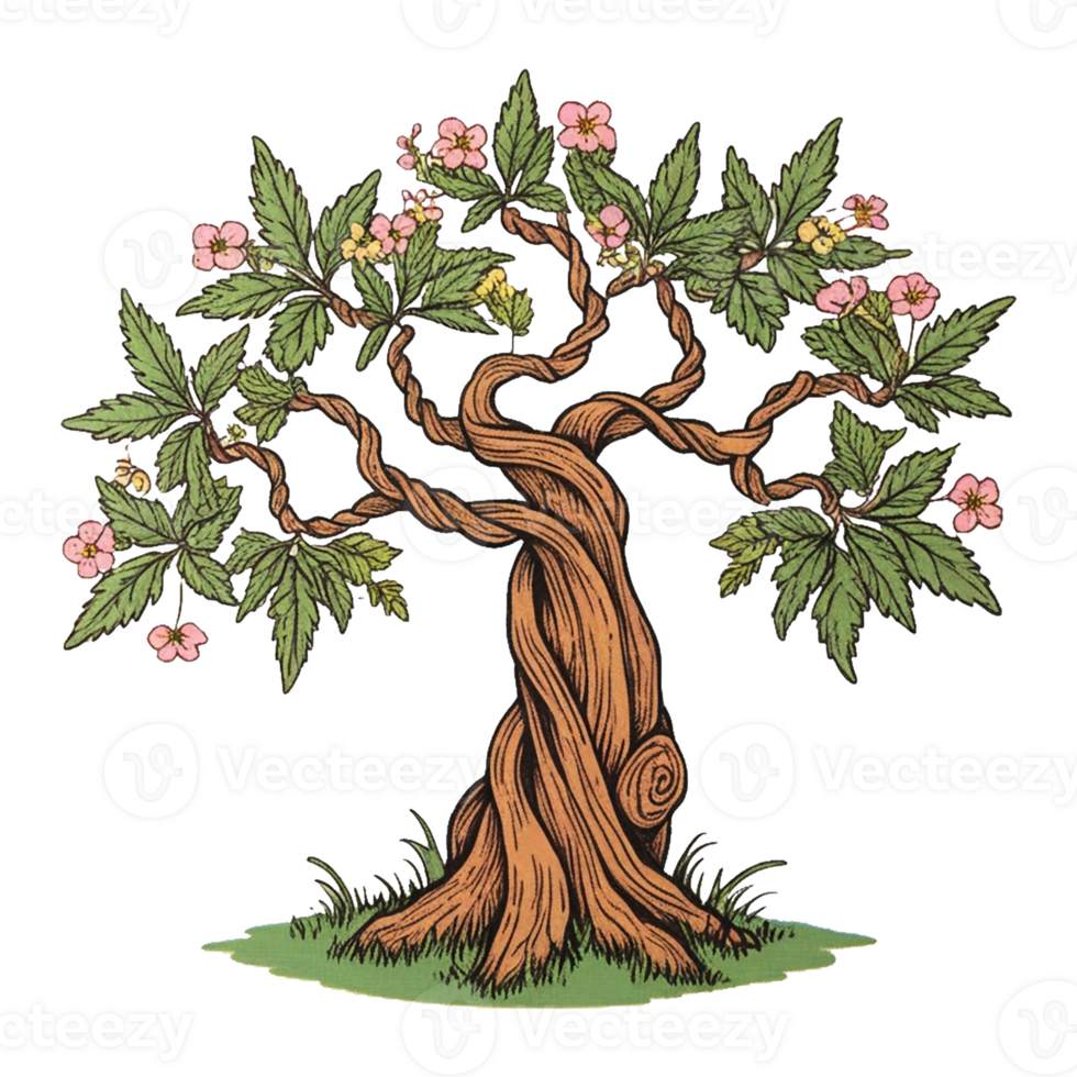a cartoon tree with pink flowers on transparent background png