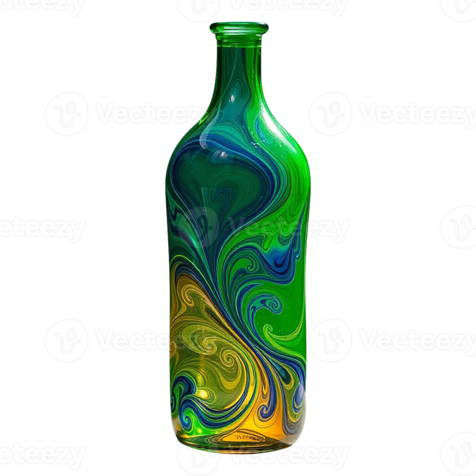 a bottle with a green, yellow and blue swirl design transparent background png