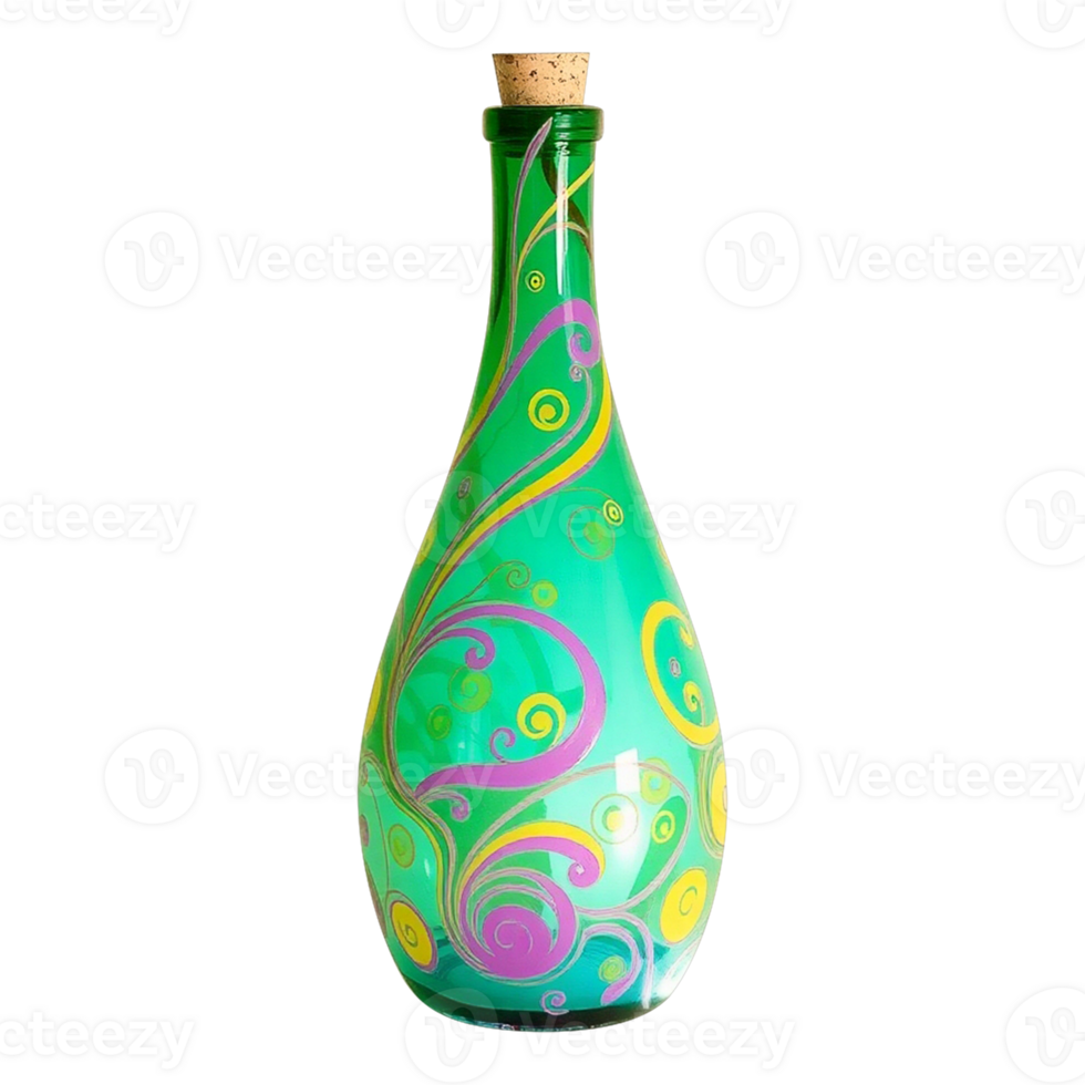 a green bottle with a colorful design on transparent background it png