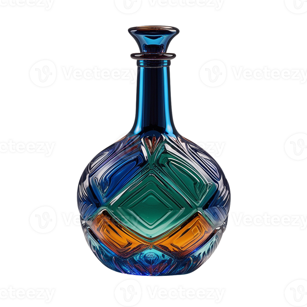 a blue glass bottle with an orange and blue design transparent background png
