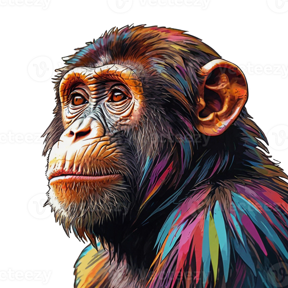 a chimpanzee with colorful hair and a colorful face transparent background png