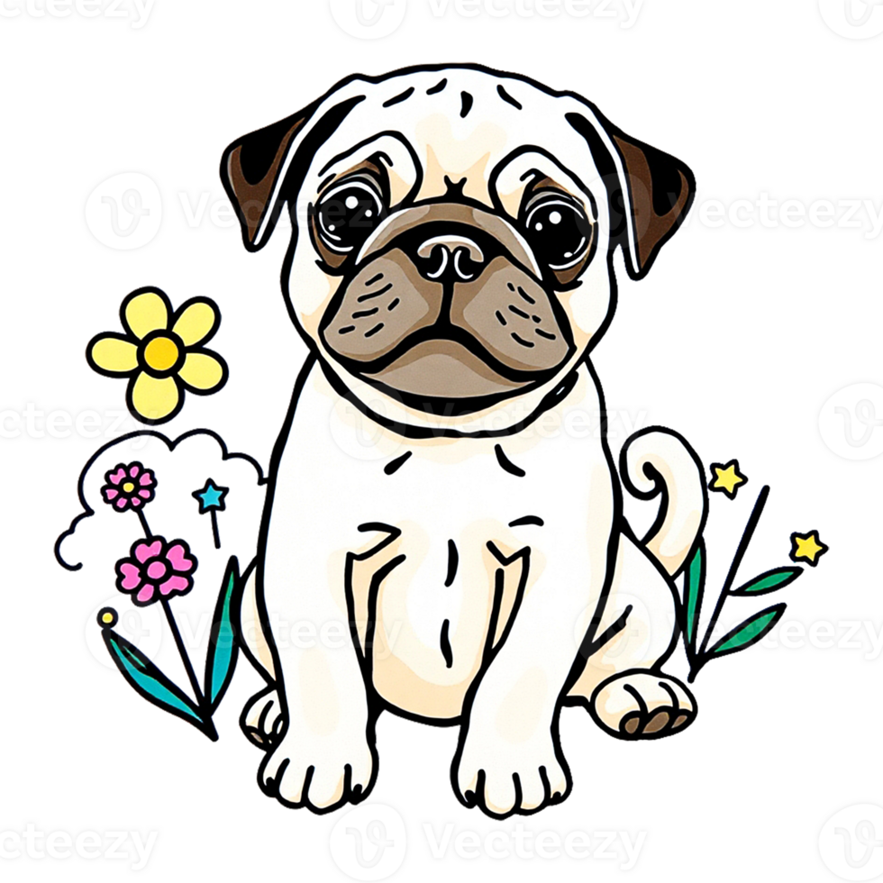 pug dog with flowers and flowers on transparent background png