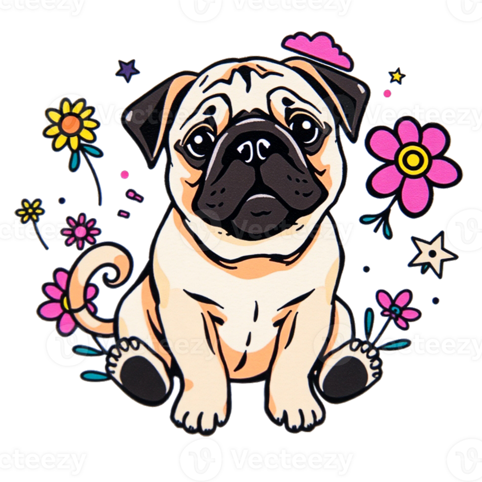 cartoon pug dog with flowers and stars png