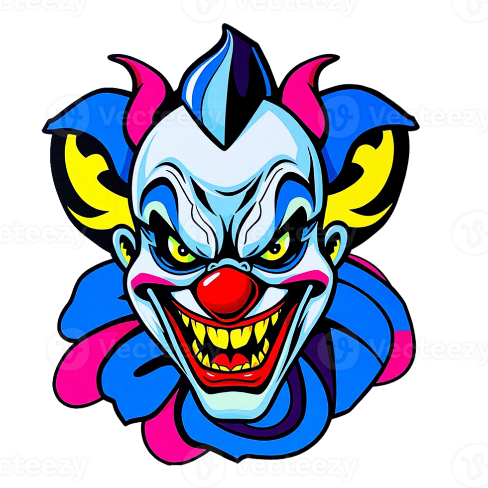 a cartoon clown with a blue and pink face png
